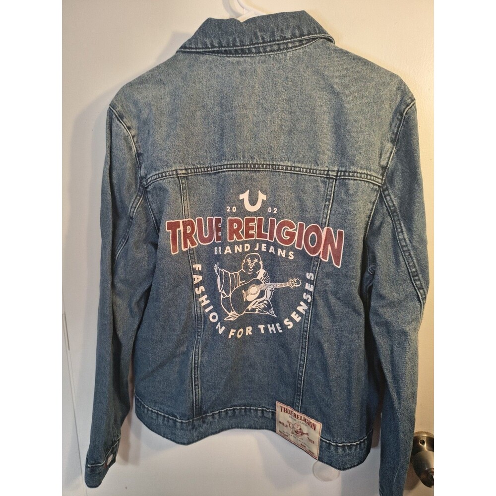 NWT True Religion Denim Jacket S Small Red Stitch Buddha Back Graphic Trucker
